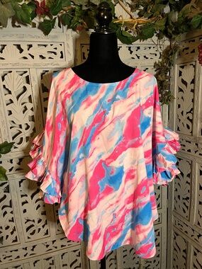 JODIFIL JUMPIN’ BOHO PINK & BLUE TYE-DYE WITH AMAZING SHORT SLEEVE RUFFLED TOP